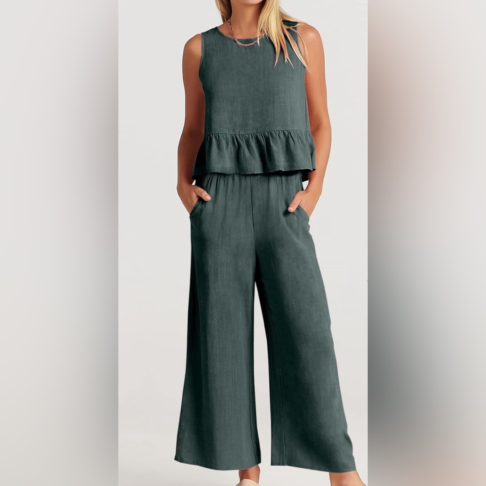Women Summer 2 Piece Outfits Sleeveless Tank Crop Top Wide Leg Pants Linen